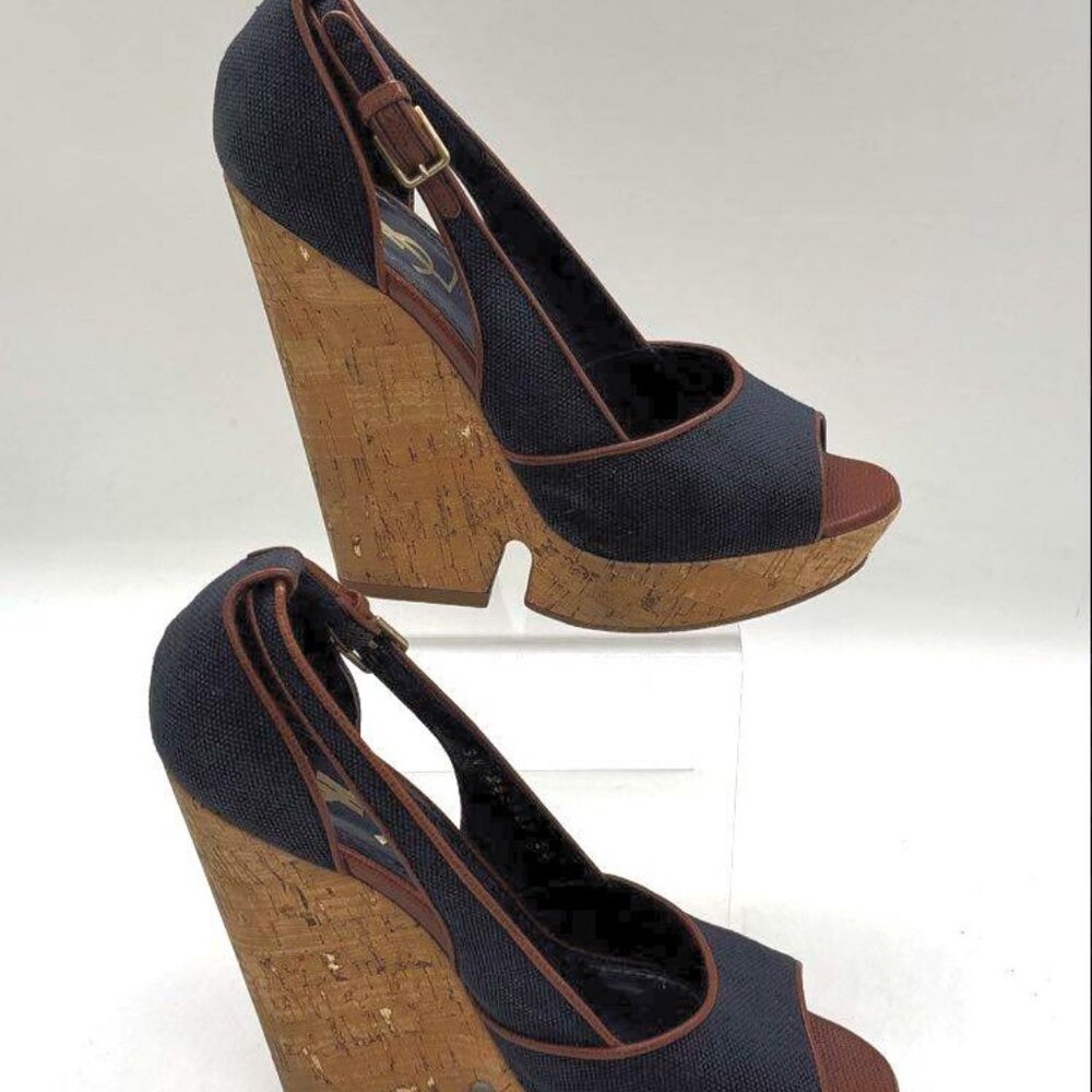 YSL Yves Saint Laurent Deauville 105 Canvas Cork Platform Wedge Sandals - Picture 1 of 9